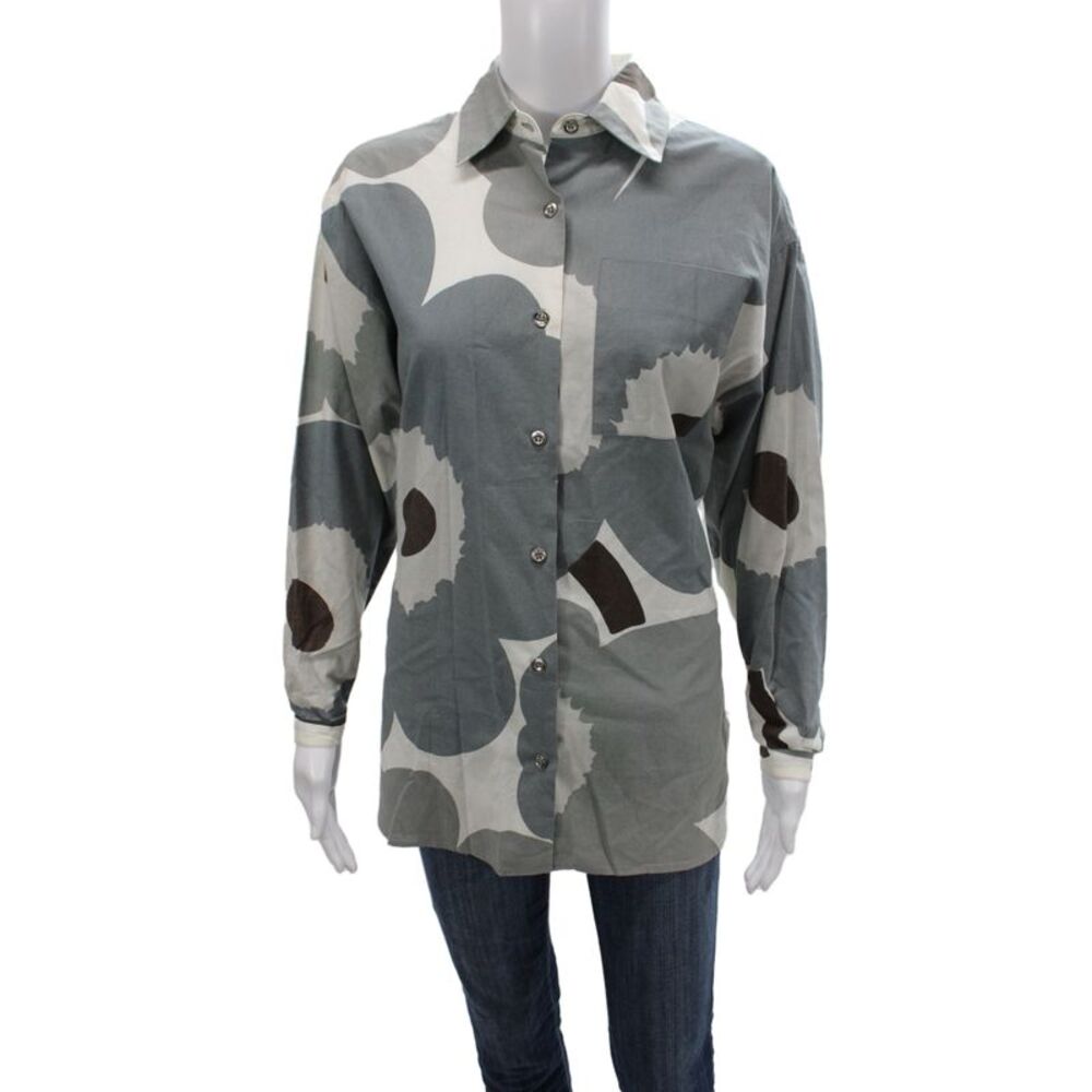 Marimekko Women Floral Cotton Collared Long Sleeve Button-Up Brown Size XS